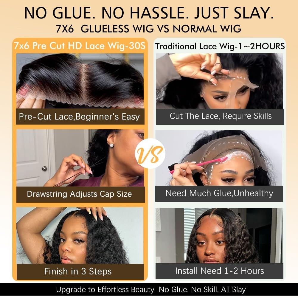 24 Inch 7×6 Deep Wave Glueless Wig, Pre-Plucked, 250% Density, Natural Color for