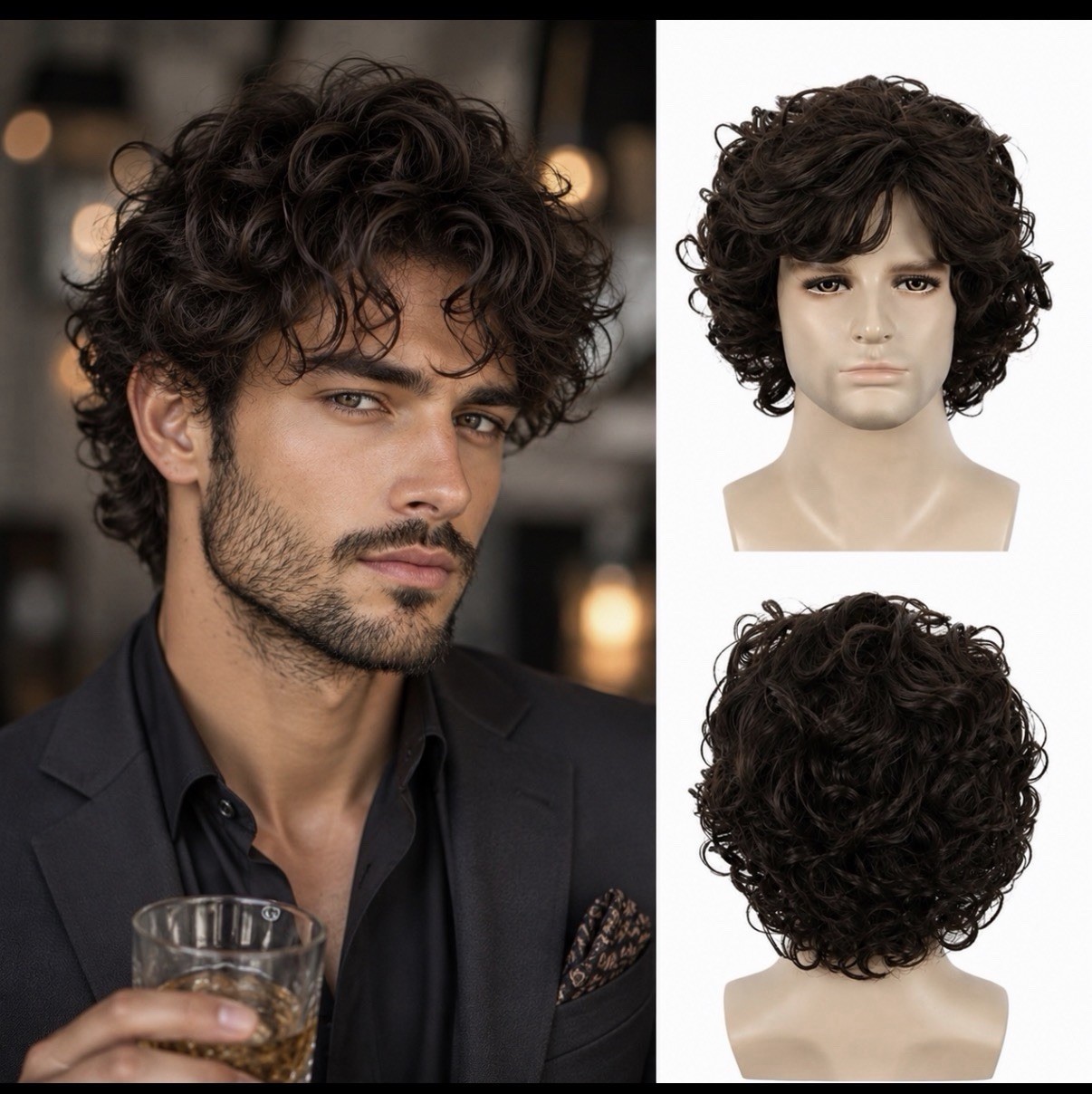 Men’s Short Curly Wig Dark Brown Natural Looking Synthetic Hair Heat Resistant
