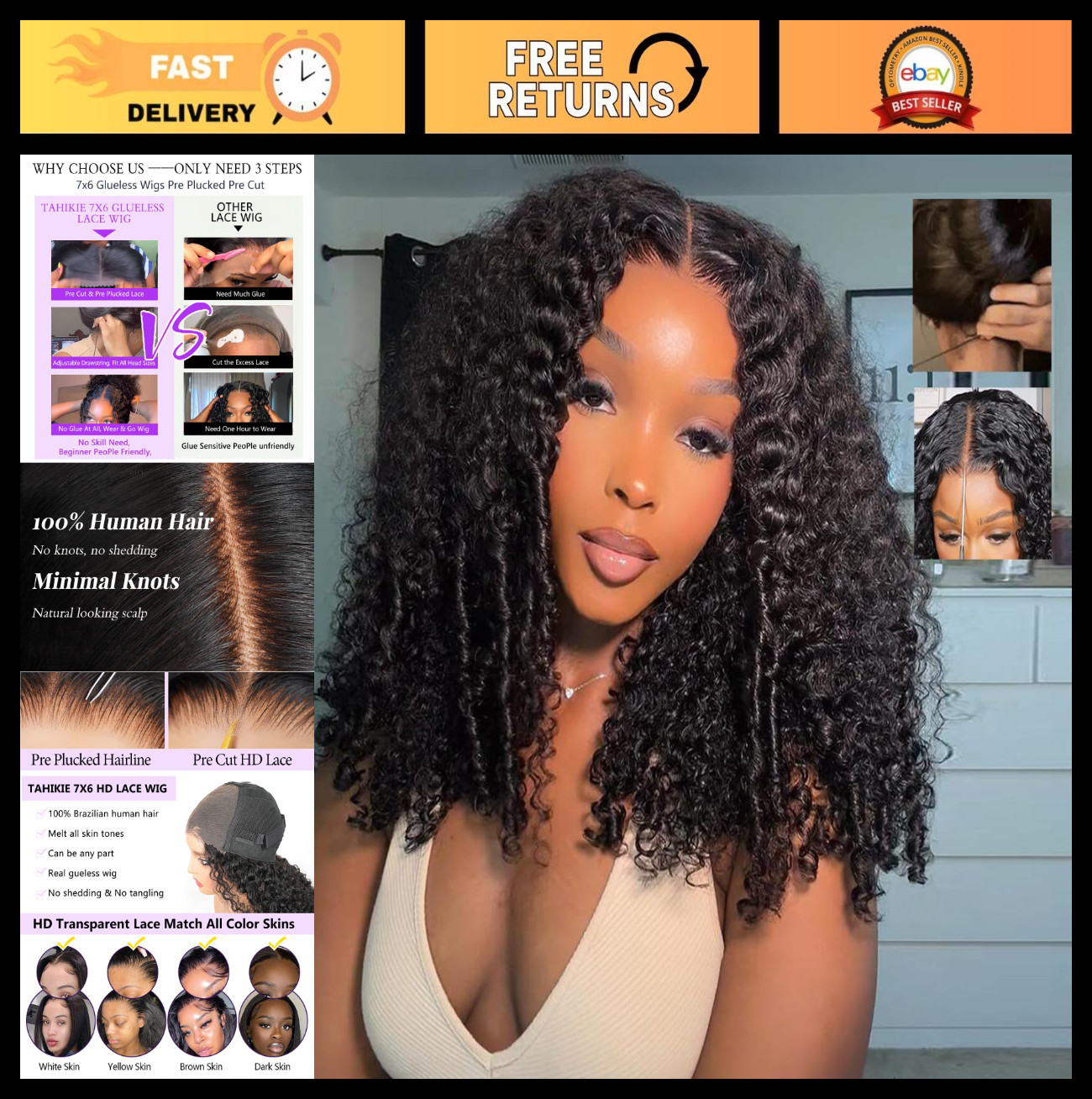 7×6 Curly Glueless Wig Human Hair, Pre-Plucked, 250% Density, HD Lace, 16in