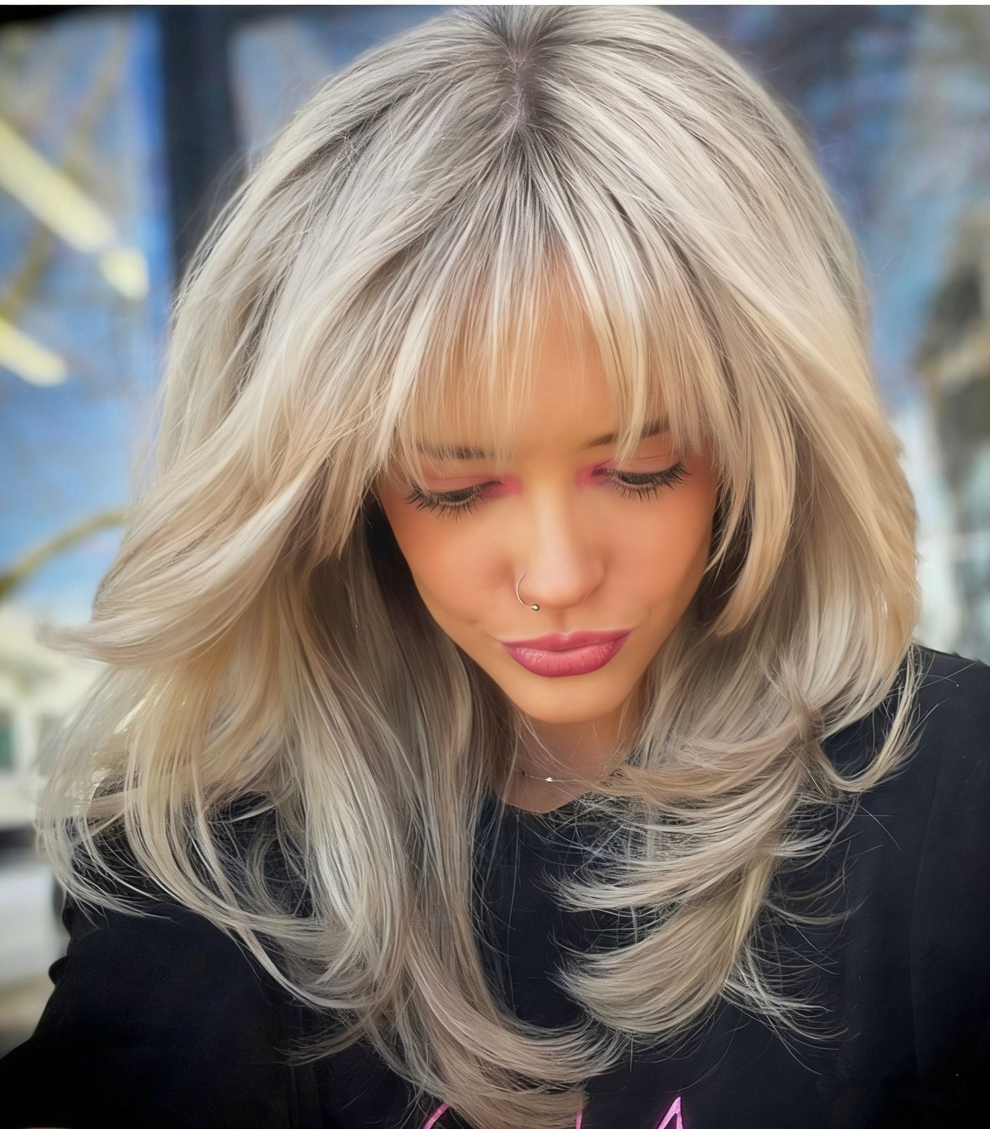 Ombre Ash Blonde Wigs with Bangs 100% Human Hair Lace Front Wigs Cap S 21.5inch