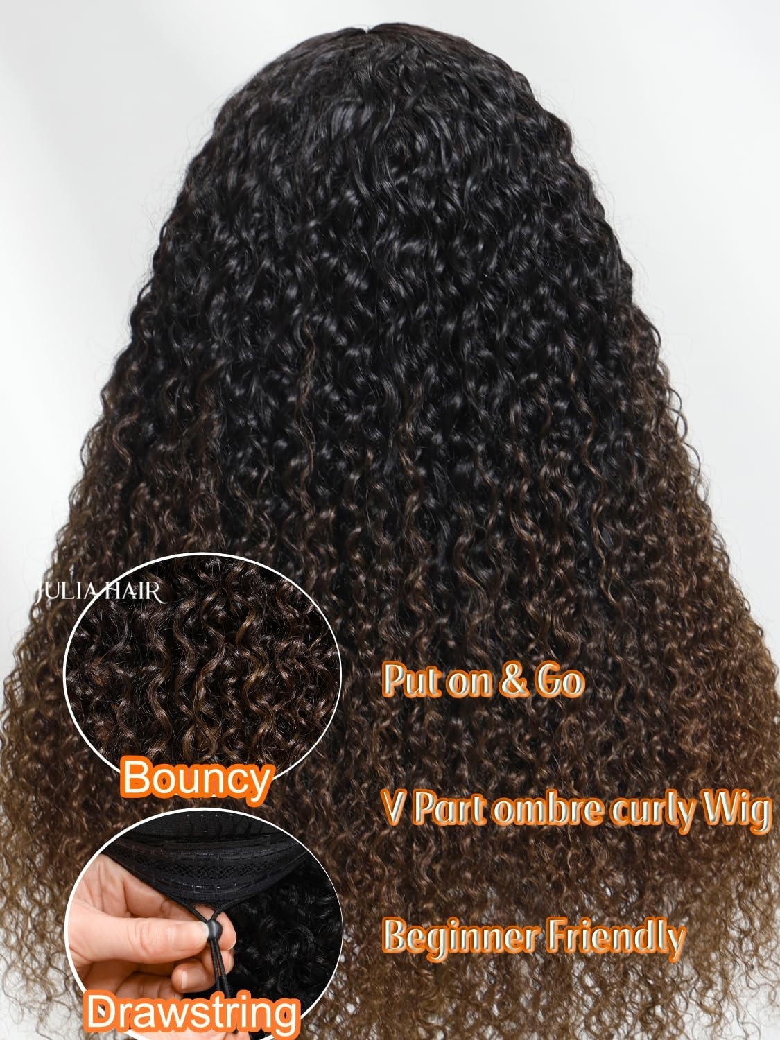 Curly V Part Wig 18″ Human Hair Ombre Black to Chestnut Brown, Glueless Clip-In,