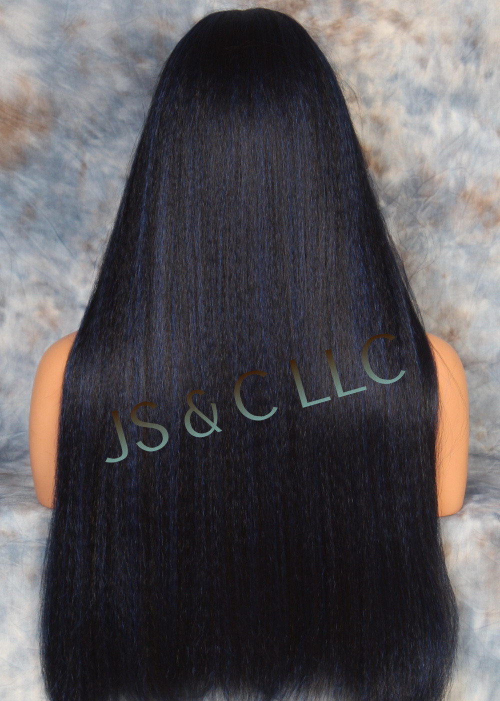 Human hair Blend Full Wig Heat Safe Blue black textured straight blunt bangs MG