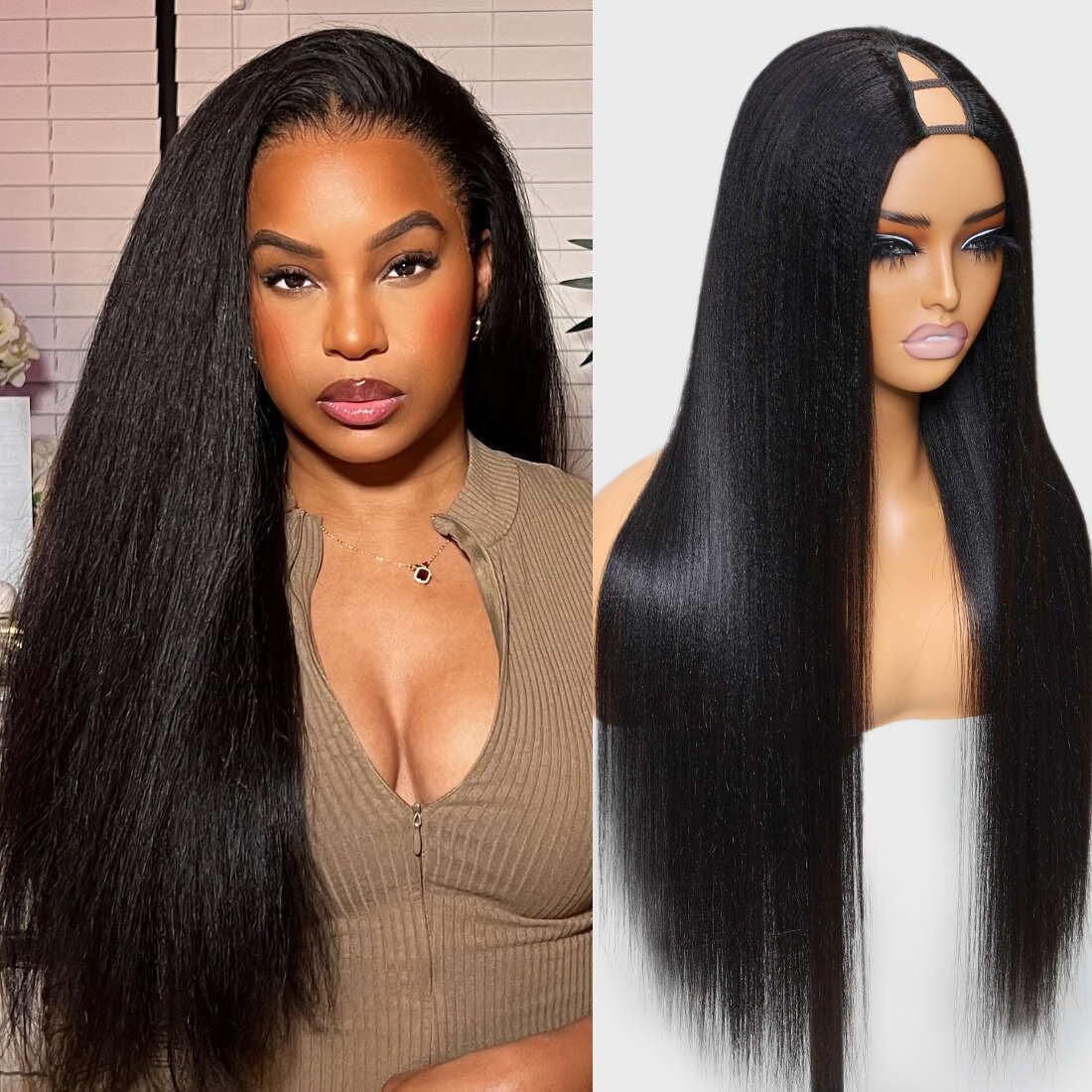 UNice Cambodian Yaki Straight V Part Human Hair Wigs Upgrade U Part Wig Glueless
