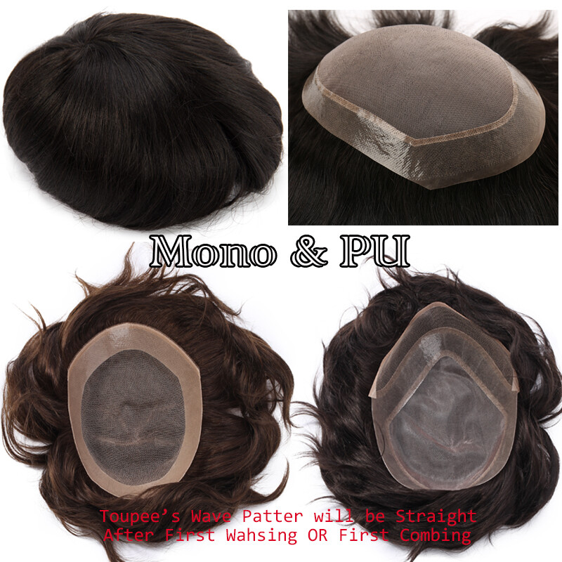 MONO Mens Toupees Replacement System Wigs 100% Real Virgin Human Hair Straight F