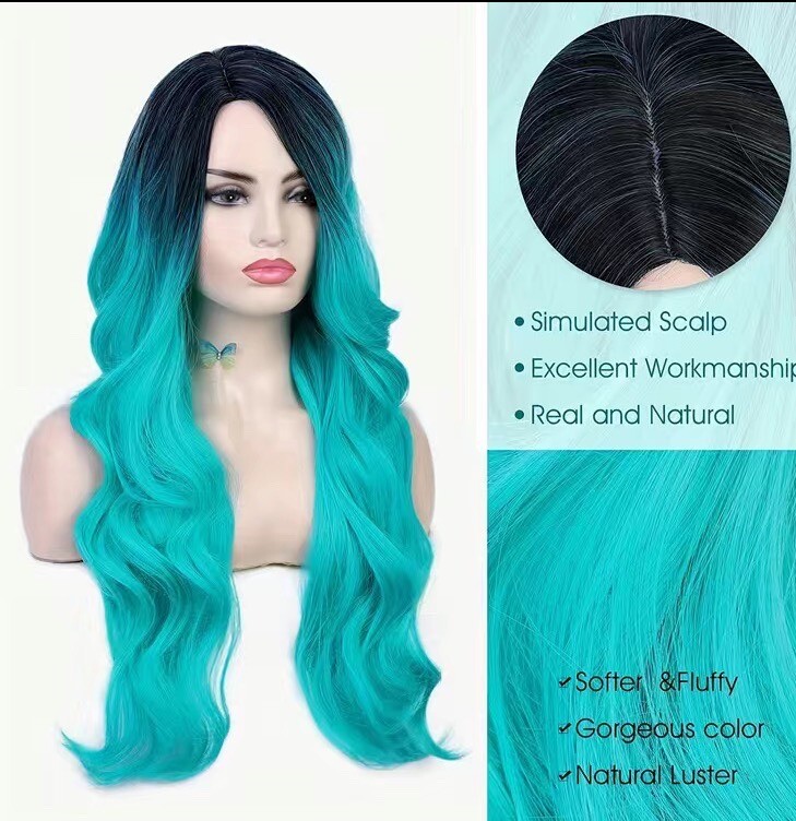 28” Ombré Dark Roots with Teal Wavy Mermaid Wig