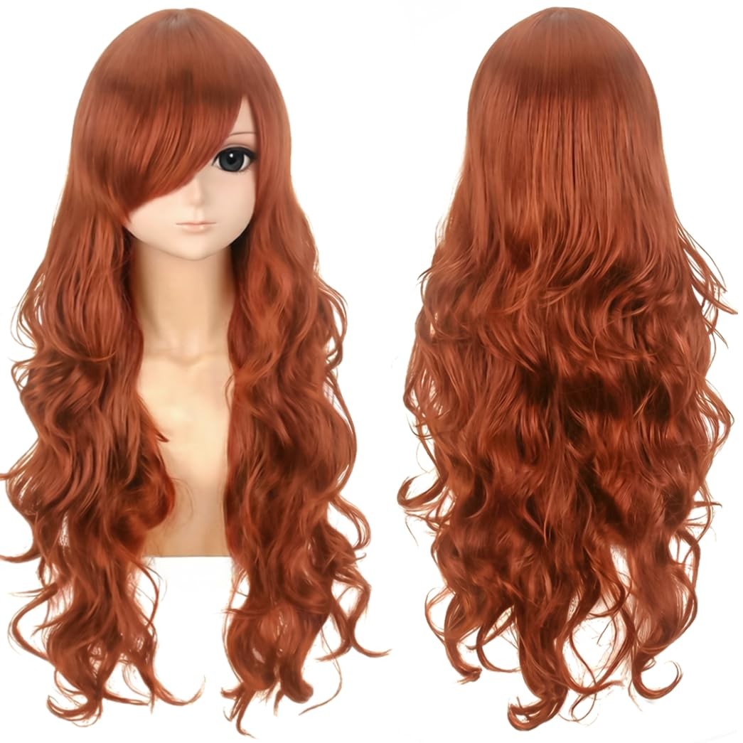 80 cm/32 inch Long Curly Wavy Auburn Brown Wigs Side Bangs for Women Cosplay …