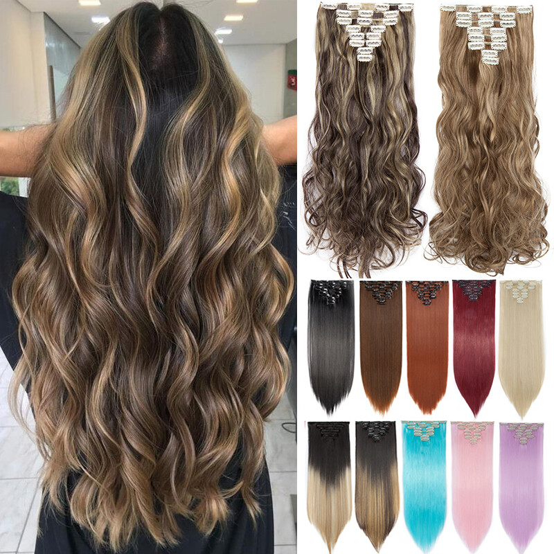CLEARANCE 100% Soft Hair Extensions 8 Pieces Clip In Straight Wavy FULL HEAD US