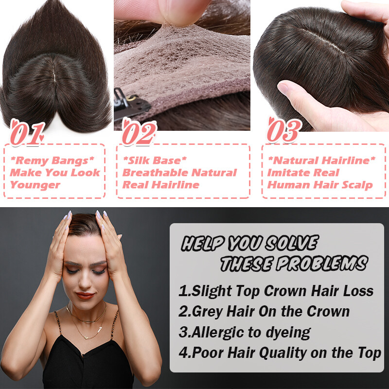 150% Density Short Real Hair Topper Silk Base Human Hair Top Hairpiece Clip In