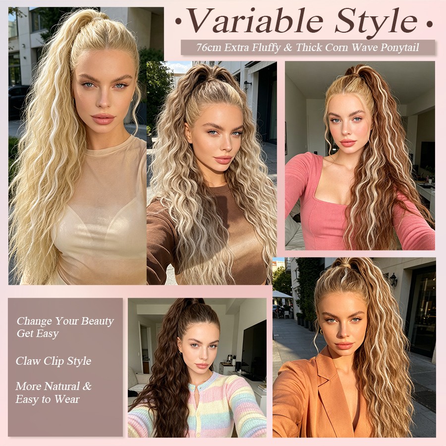 Real Fluffy Corn Wave Ponytail Claw Clip in Hair Extensions as Human Pony Tail