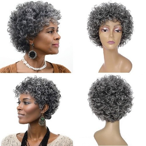 6 Inch Gray Curly Wig Human Hair No Lace Short Mechanized Full Wig