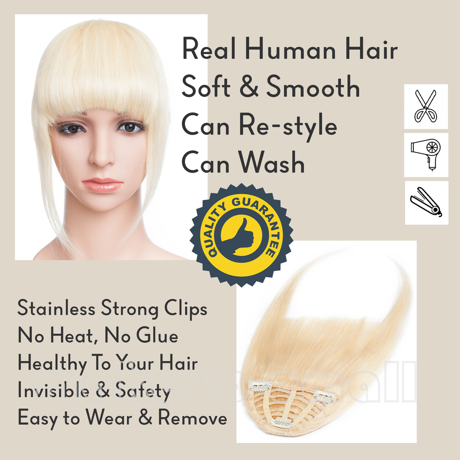 Clip in Remy Thick Bangs Neat Fringe Hairpiece 100% Real Human Hair Extensions