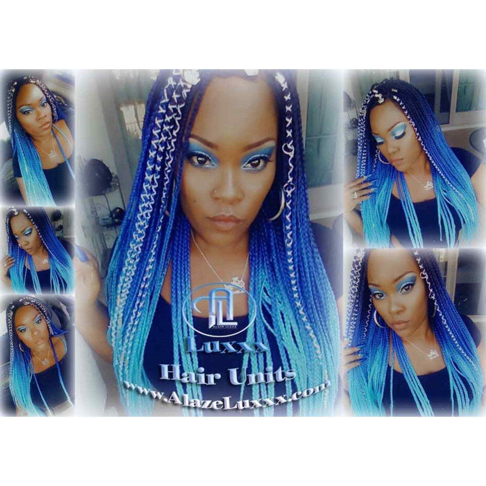 Blue Black Lace Closure Ombre Blue Mermaid Hair Box Braids Wig Multi Color