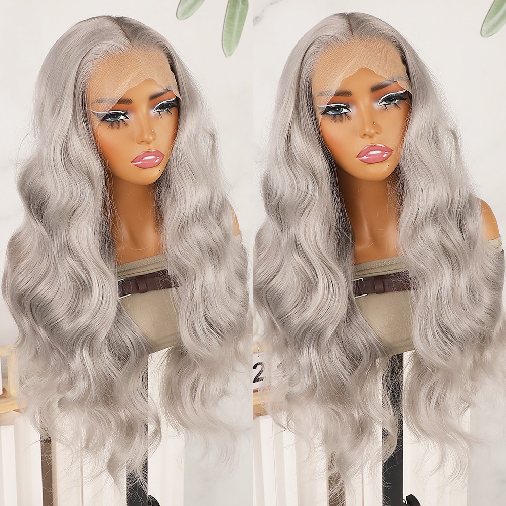 Long Wavy Gray Heat Resistant Lace Front Wig Glueless Body Wave Natural Hairline