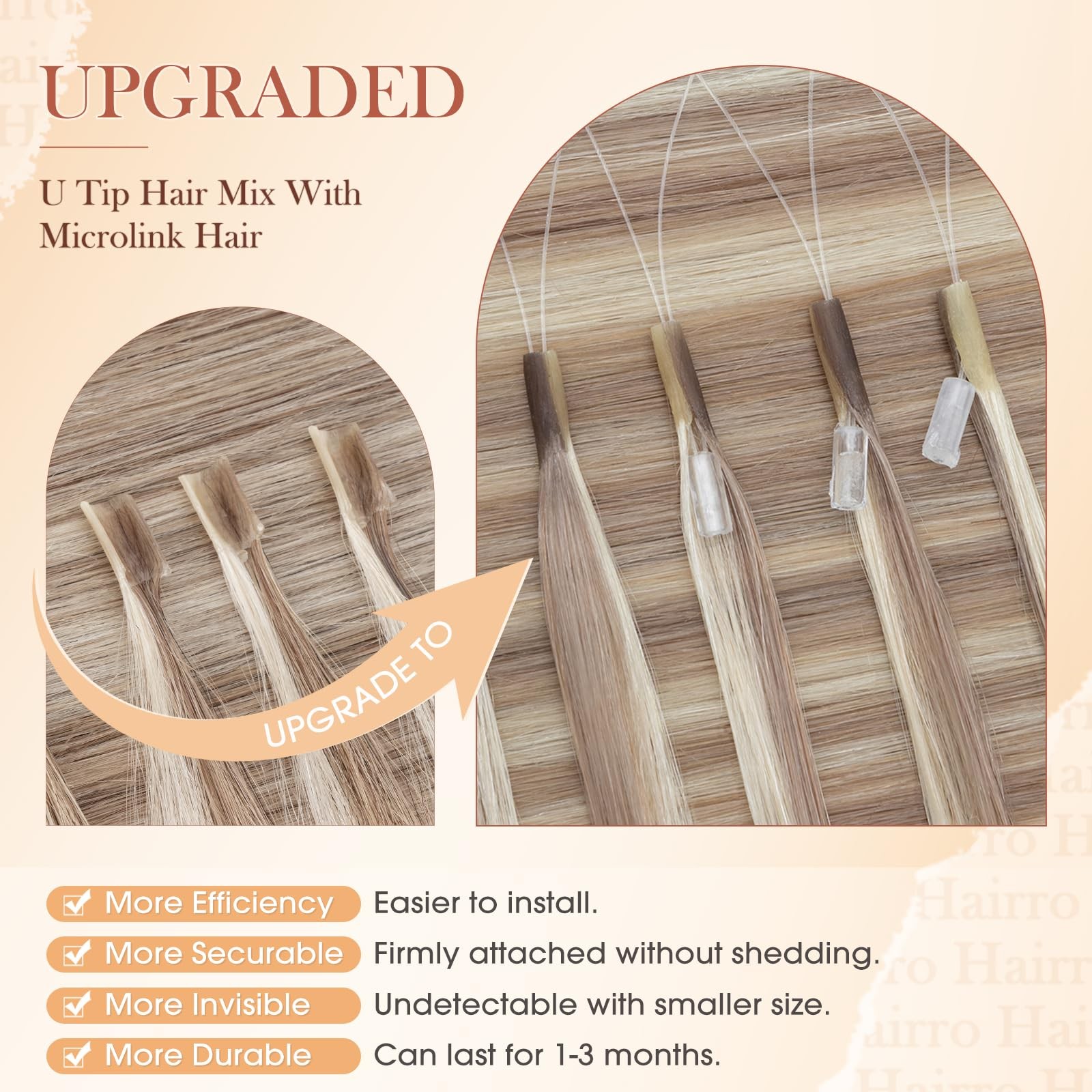 Hairro U Tip Human Hair Extensions Micro Ring Keratin Glue Hot Fusion Remy Hair