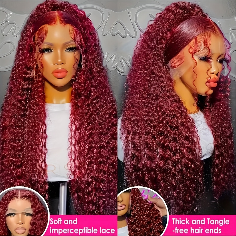 Long Curly Lace Front Wigs Burgundy Wine Red Hair Pre Plucked Natural Hairline