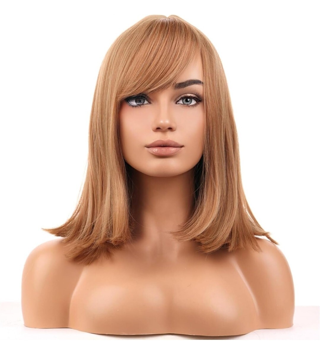 Wig – Human Hair Blend – Straight Layered Strawberry Blond Bangs Heat Ok