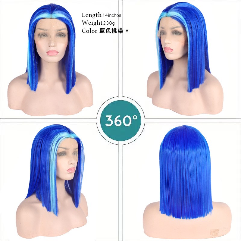 Ombre T Part Pre Plucked Front Lace Wig Golden to Blue Short Straight Synthetic