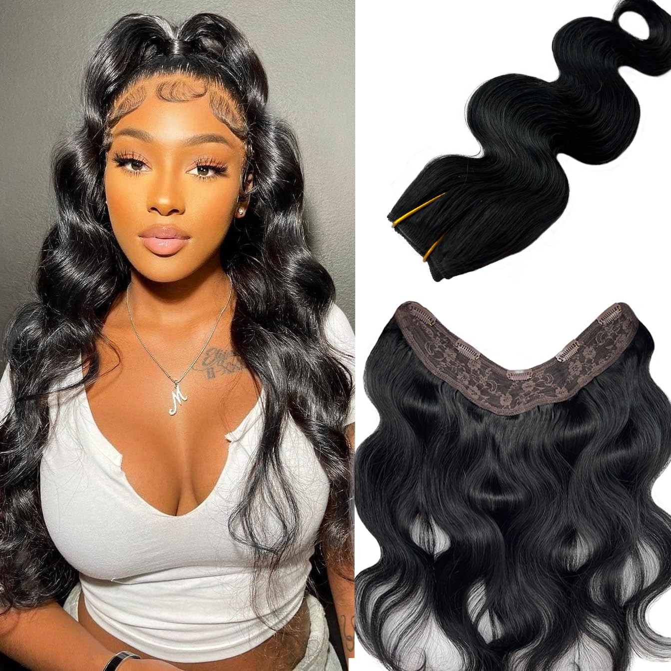 Jet Black Human Hair Extensions – 3/4 Full Head Body Wave Double Weft 14 Inch…