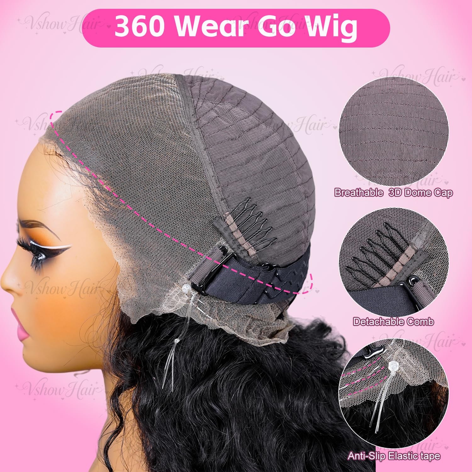 V SHOW Hidden Strap 360 Lace Front wig Human Hair with Water wave Glueless Wi…