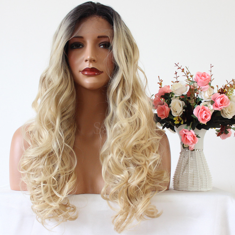 Black Blonde Ombre Synthetic Lace Front Wig Long Full Women’s Wigs Fashion Wavy