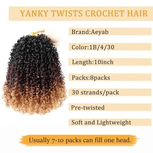 8 Packs Yanky Twist Crochet Hair Pre-looped Crochet 10 Inch (Pack of 8) 1B/4/30