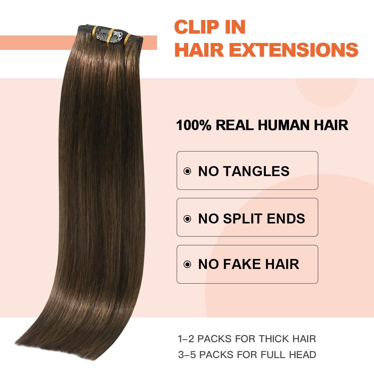 Medium Brown Clip in Hair Extensions Real Human Hair, 70g 7pcs 18inch,Soft & …