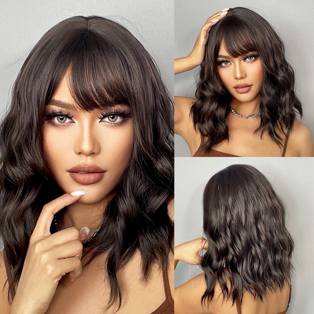 High Crown Brown Short Water Wave Wig with Bangs for Women Multicolor Synthetic