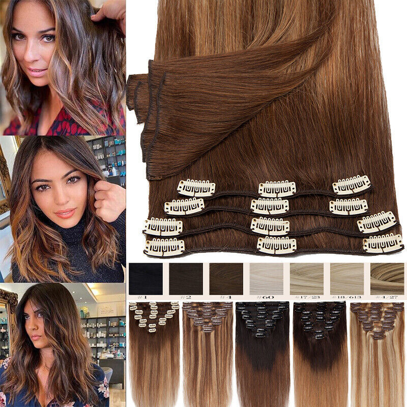 100% Clip In Remy Human Hair Extensions Full Head Black/Brown/Blonde Straight