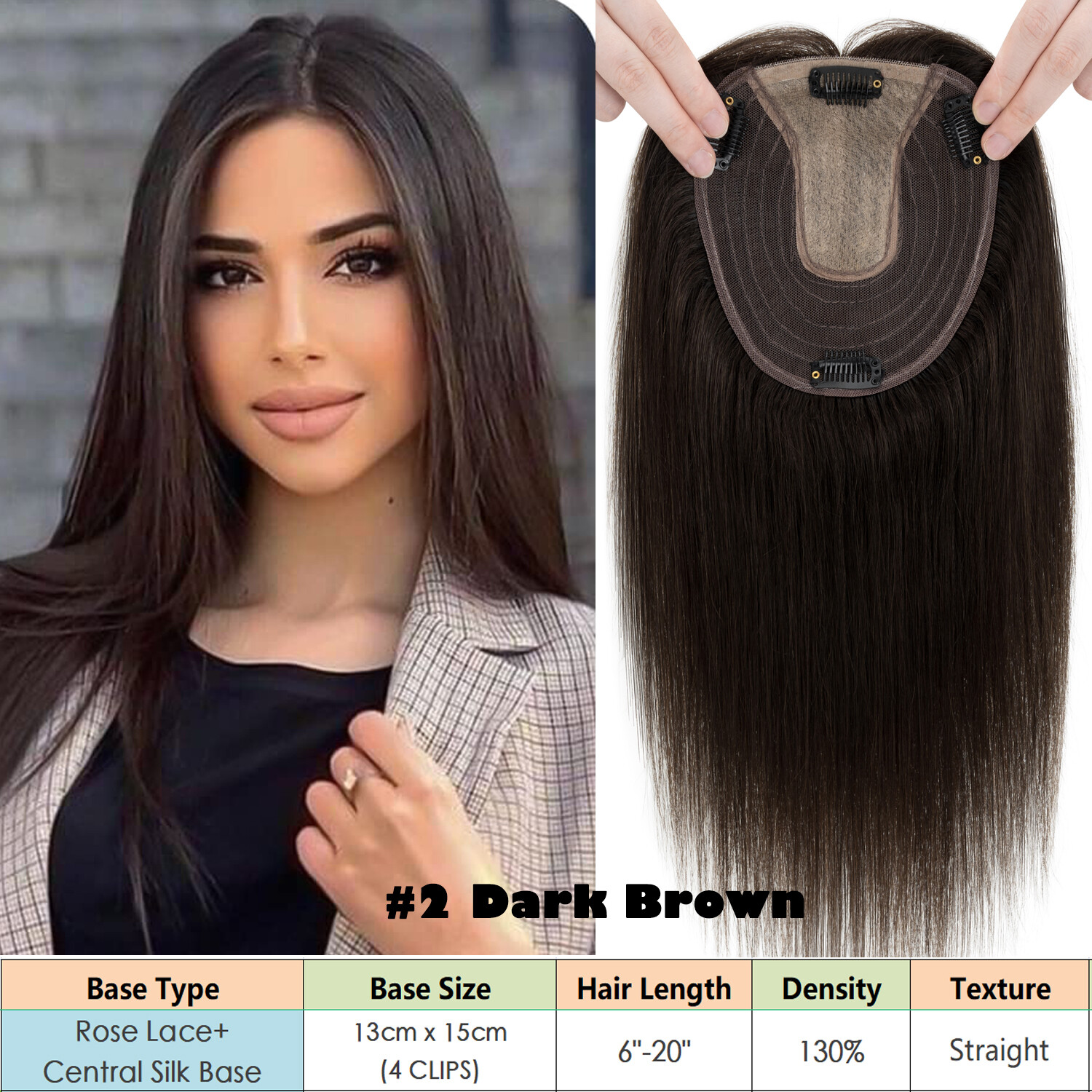 Women’s Topper Top Piece Toupee Clip In 100% Real Human Hair Silk Base Hairpiece