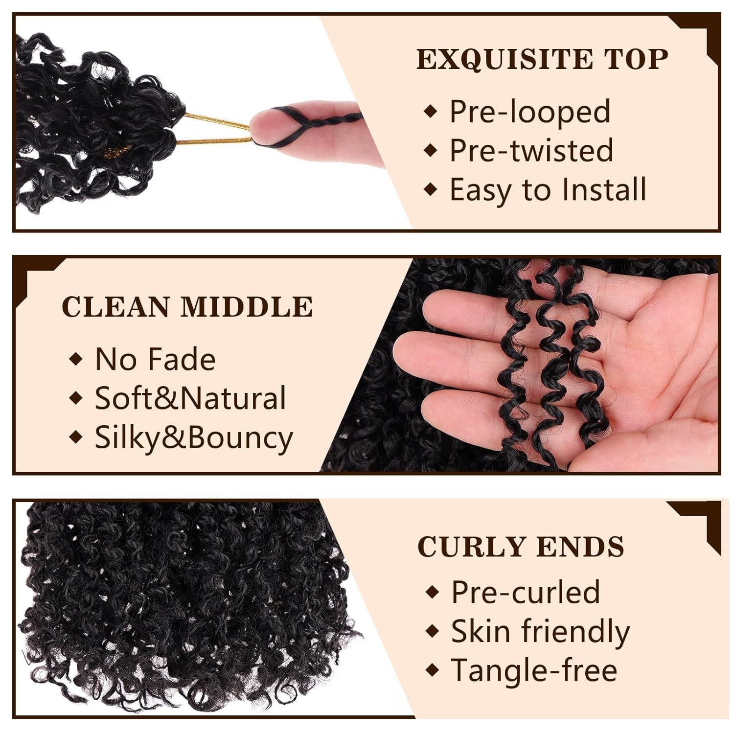 2 Packs 8 Inch Pre Looped Yanky Twist Crochet Hair Natural Black Curly Ends