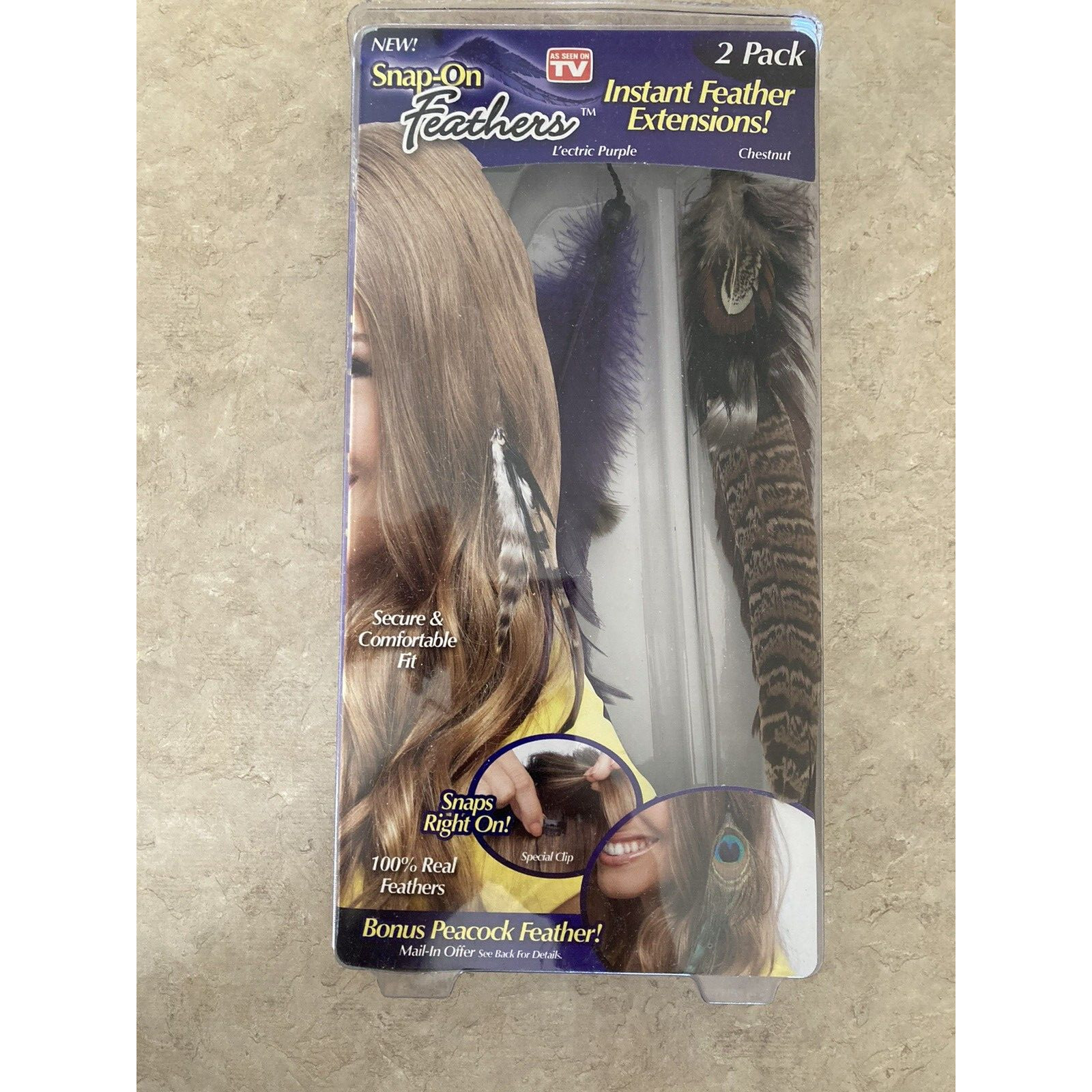 2 Feather Hair Extensions As Seen On TV Purple and Chestnut Instant Snap On