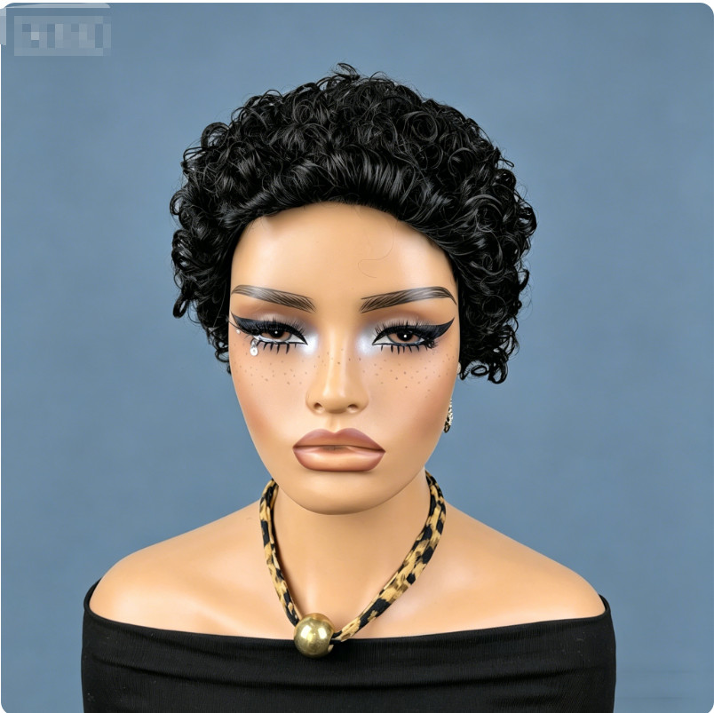 4″Women’s Short Curly Human Hair Wig Pixie Cut Natural Black Full Machine Made
