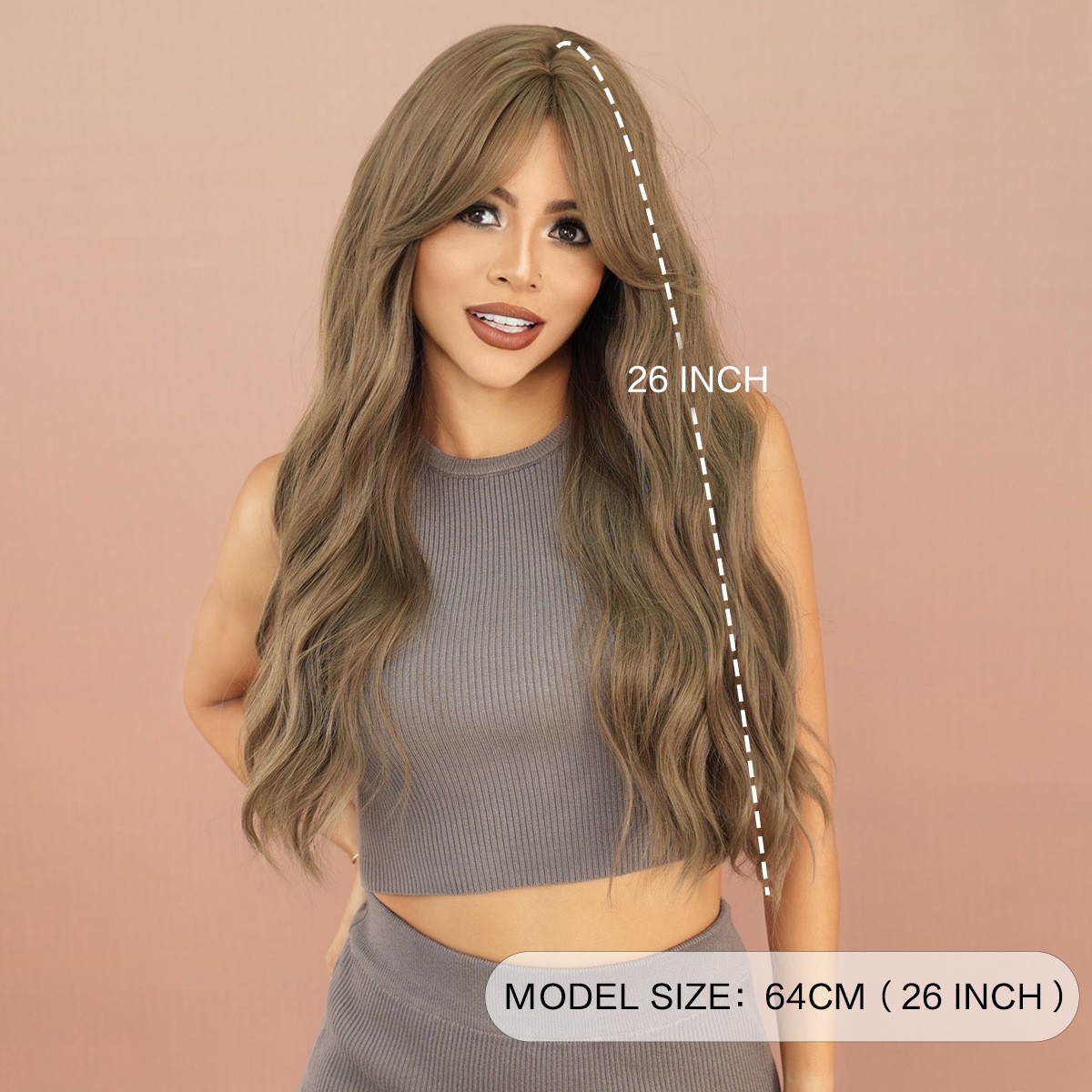 Fog Tea Light Brown Long Wavy Curly Wig with Side Bangs Japanese Korean Style