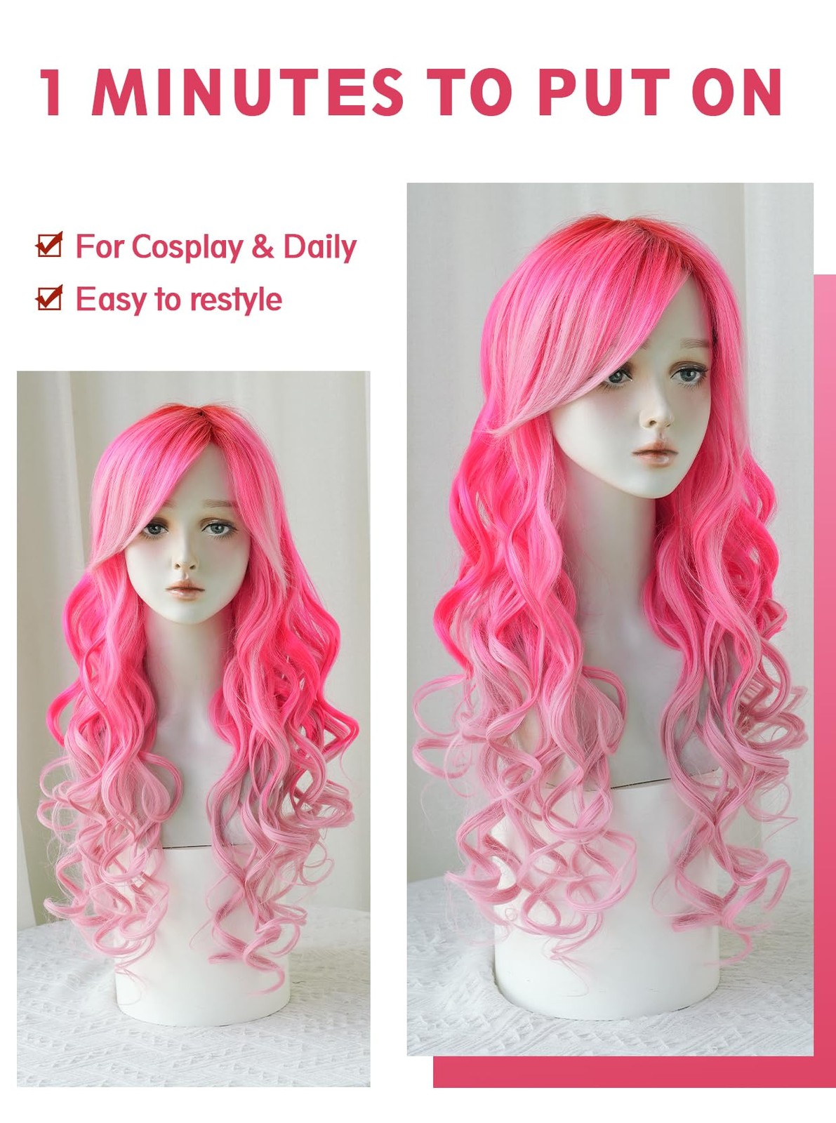 Long Wavy Costume Wigs Cosplay Mermaid Light Pink Ombre Wig for Women Hallowe…