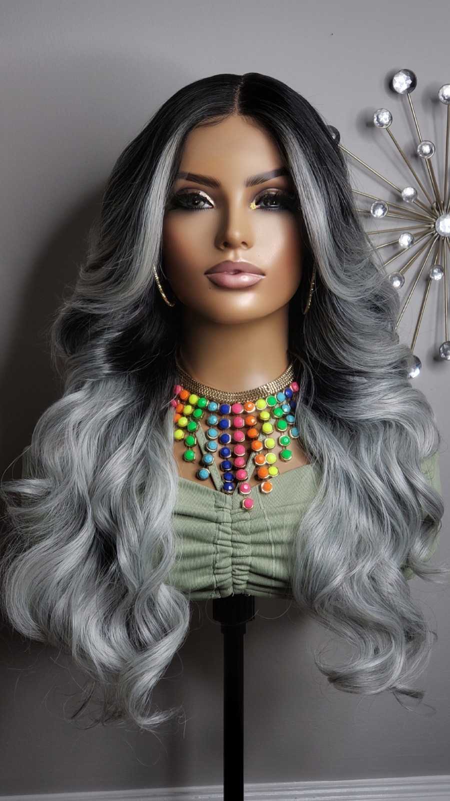 New Long Curly Money Piece Silver Gray Black Lace Front Wig Womens Wavy Style