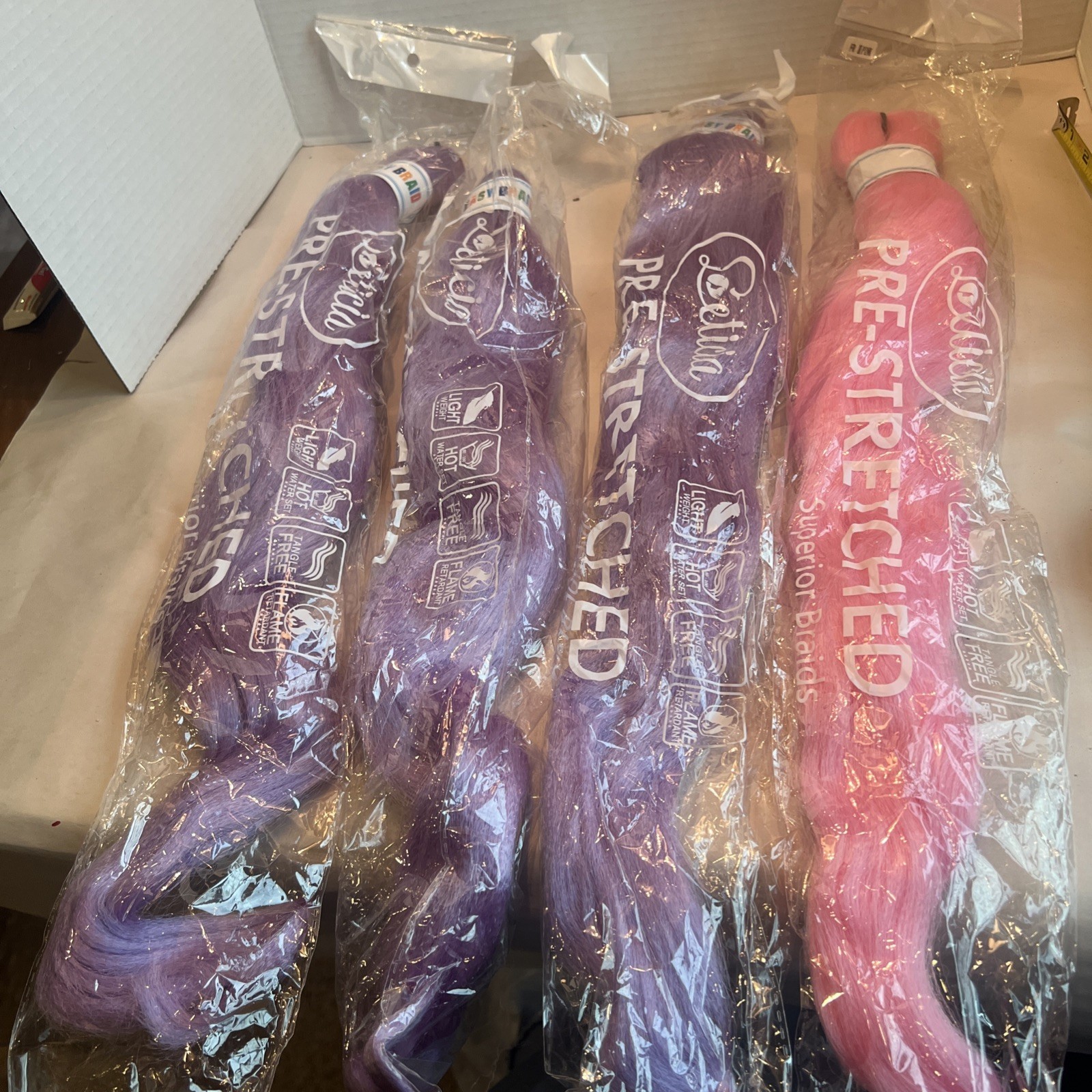 Lot Of 4 Leticia Pre stretched Superior Braids 3 Purple 1 pink