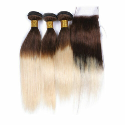 12A CAMBODIAN HUMAN HAIR WEFT 3/4BUNDLE+LACE TOP CLOSURE=FULL HEAD 4#/613 BLONDE