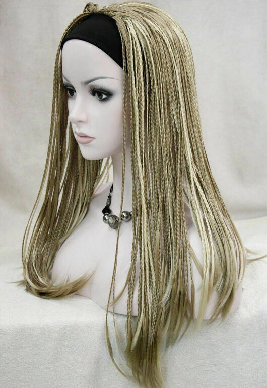 Synthetic Long Straight Hand Made Braids 3/4 Half Full Wig Headband For Women