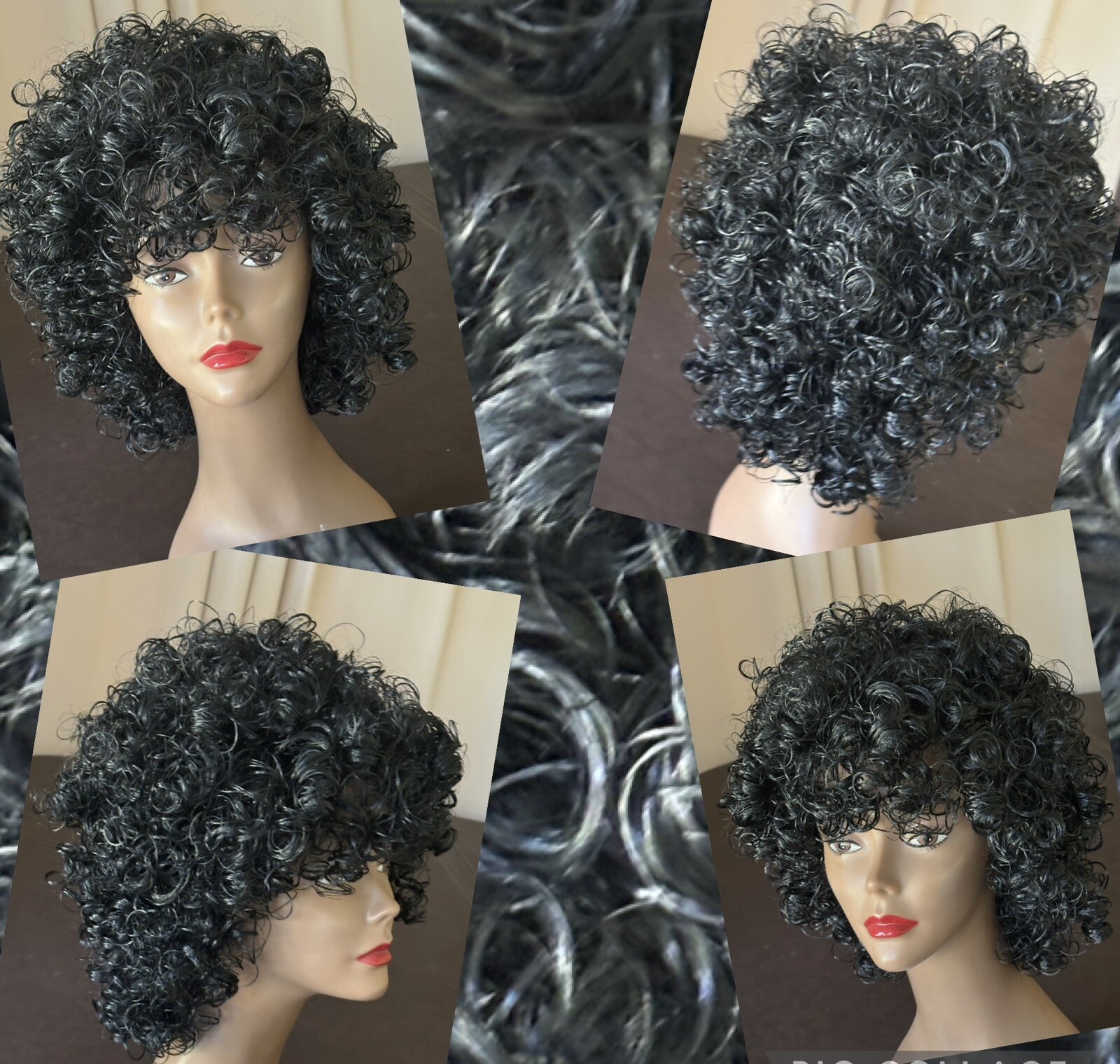 Black Synthetic Wig Mid-Length Curly Net Cap Adjustable Clean GUC 7-1