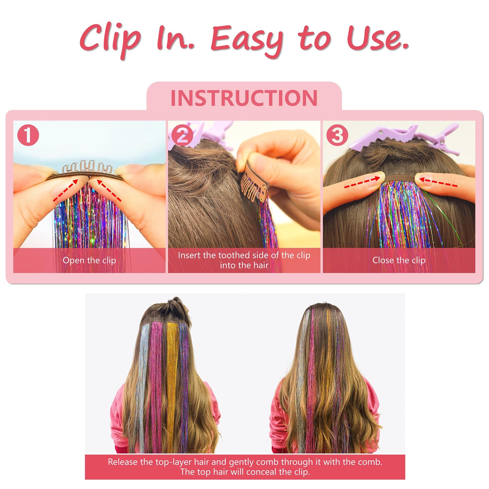ONROCL Hair Tinsel Clip in Extensions 12Pcs 24 Inch Dreamy Colorful Glitter H…