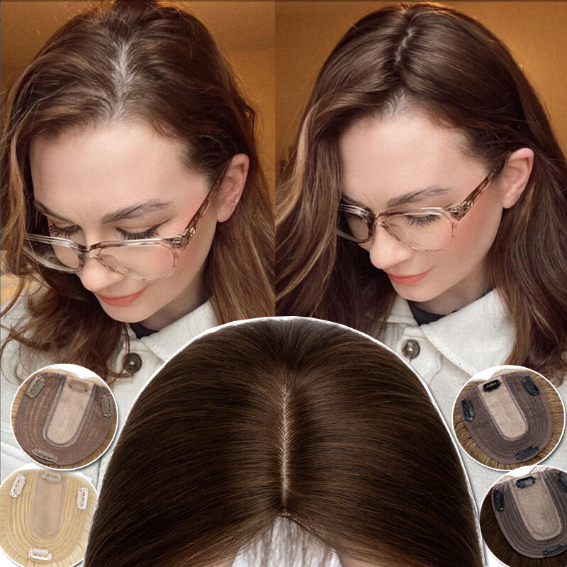 Clip In 100% Real Human Hair Topper Top Hairpiece Toupee Wigs Middle Part Thick