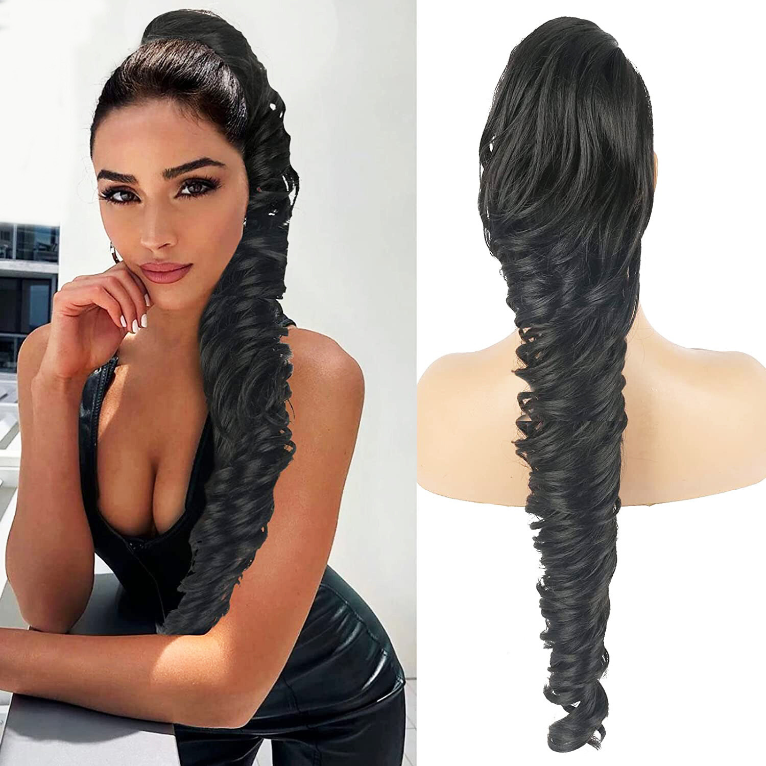 24 Inch Long Black Drawstring Ponytail Clip in Pony tail Extensions for Women