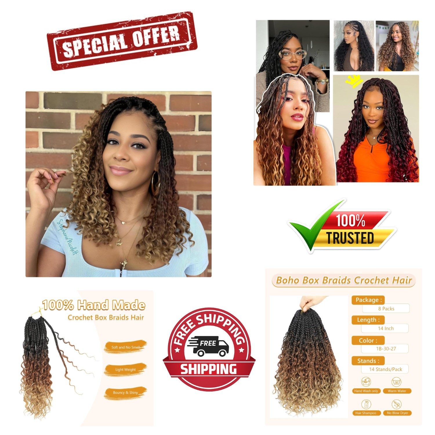 14-Inch Boho Crochet Box Braids – 8 Packs Tangle Free Hair Extensions, 1B/30/27