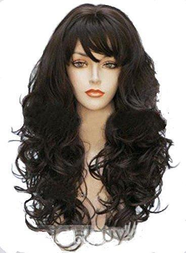 24 Inch Dark Brown Synthetic Wig for Women Long Curly Hair with Bangs