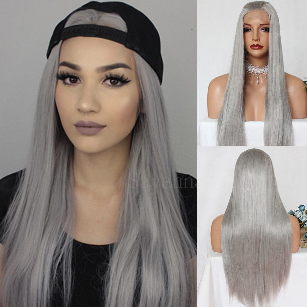 Gray Lace Front Wig Long Silky Straight Heat Resistant Synthetic Hair Women Wigs
