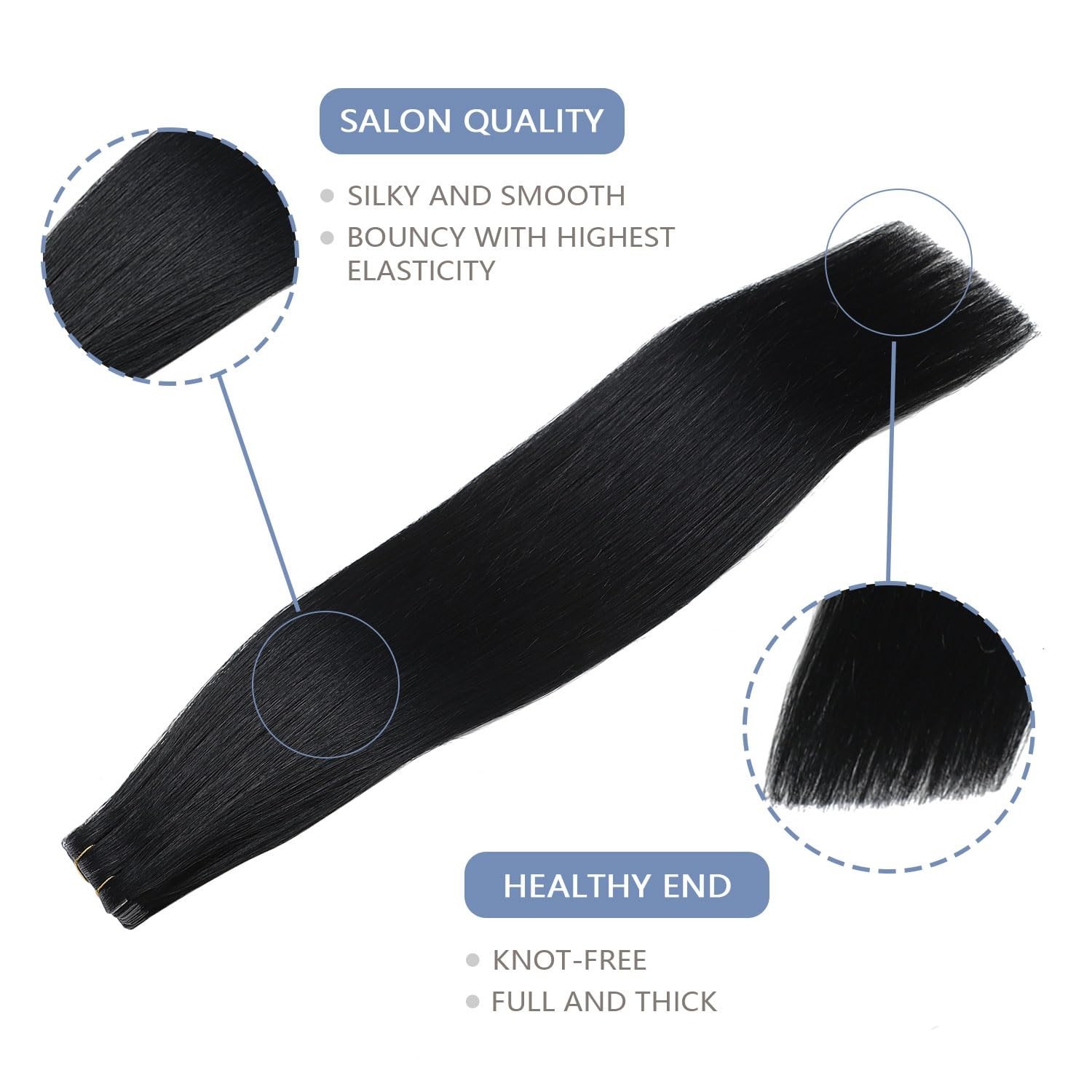 Invisible Seamless Tape-In Hair Extensions, Jet Black, 16 Inch, 20 Pcs, 35g Huma