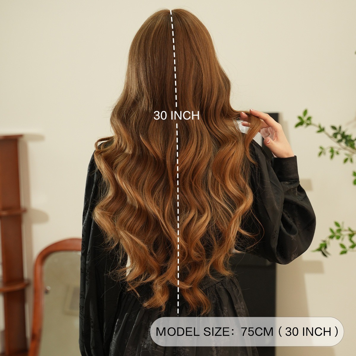 Golden highlighted long curly hair with big waves and bangs wigs