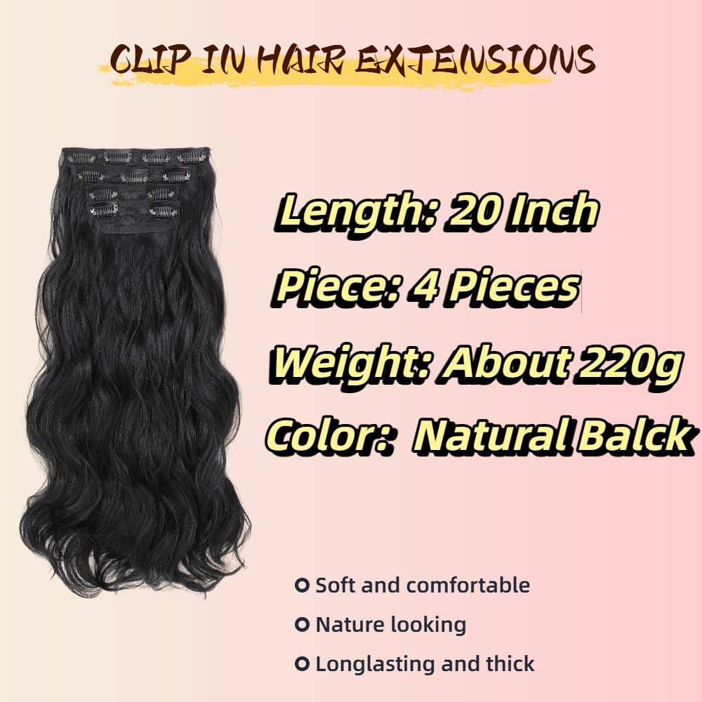 MEZIRU 20” Clip-In Hair Extensions 4pcs Wavy Synthetic Full Head Double Weft Bla