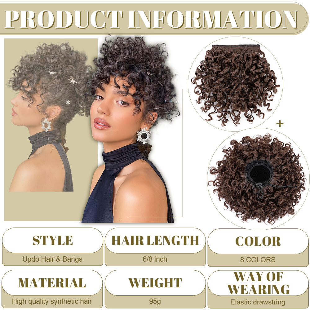 African Short Afro Kinky Curly Ponytail Large Puff Hair Extension Bun With Bangs