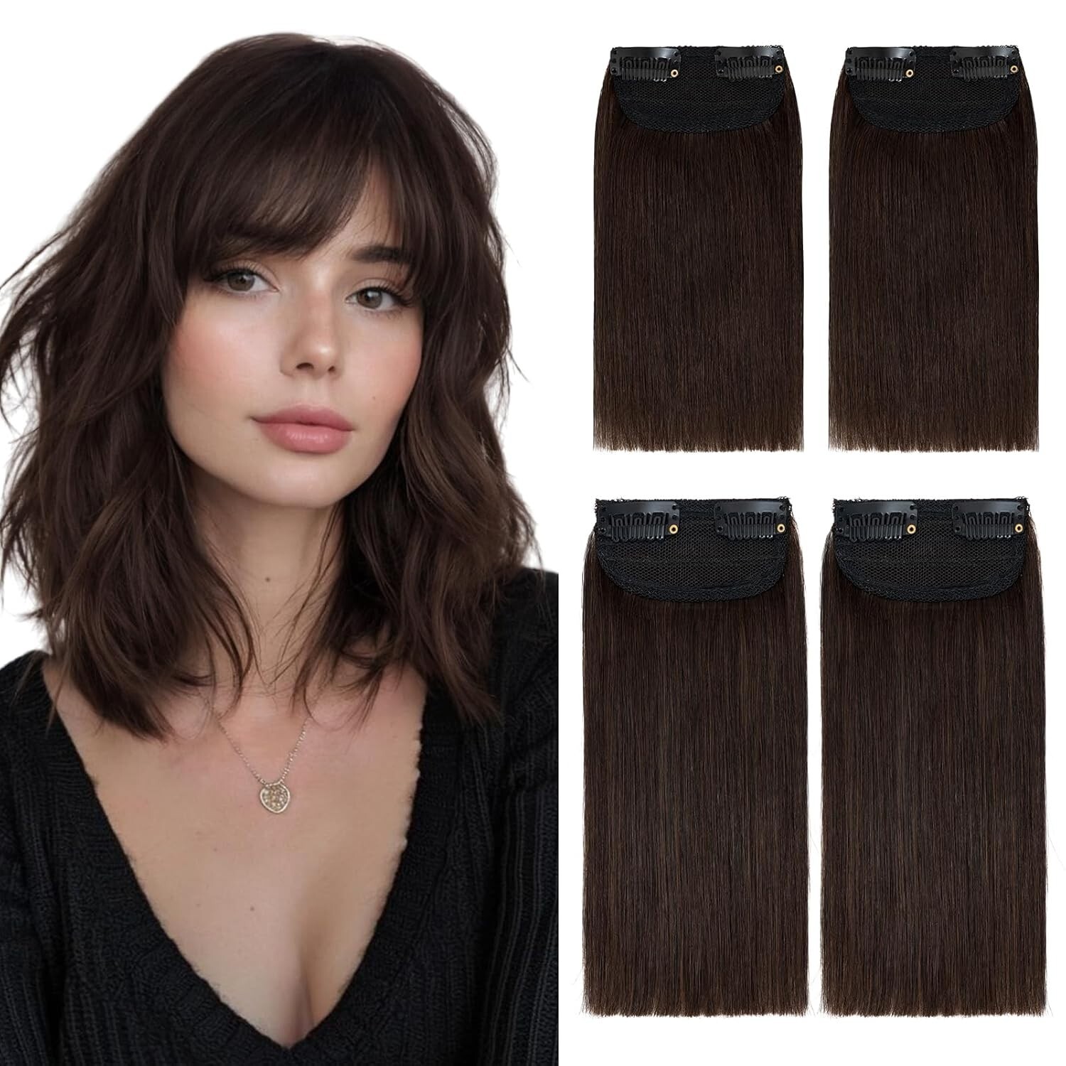 4PCS Invisible Clip In Short Hair Extensions Remy Human Hair #02 Dark Brown